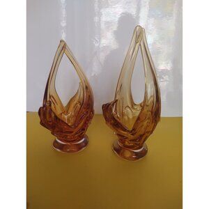 Vintage Chalet Canada Art Glass Vases Amber/Orange set of 2 1960's 11"